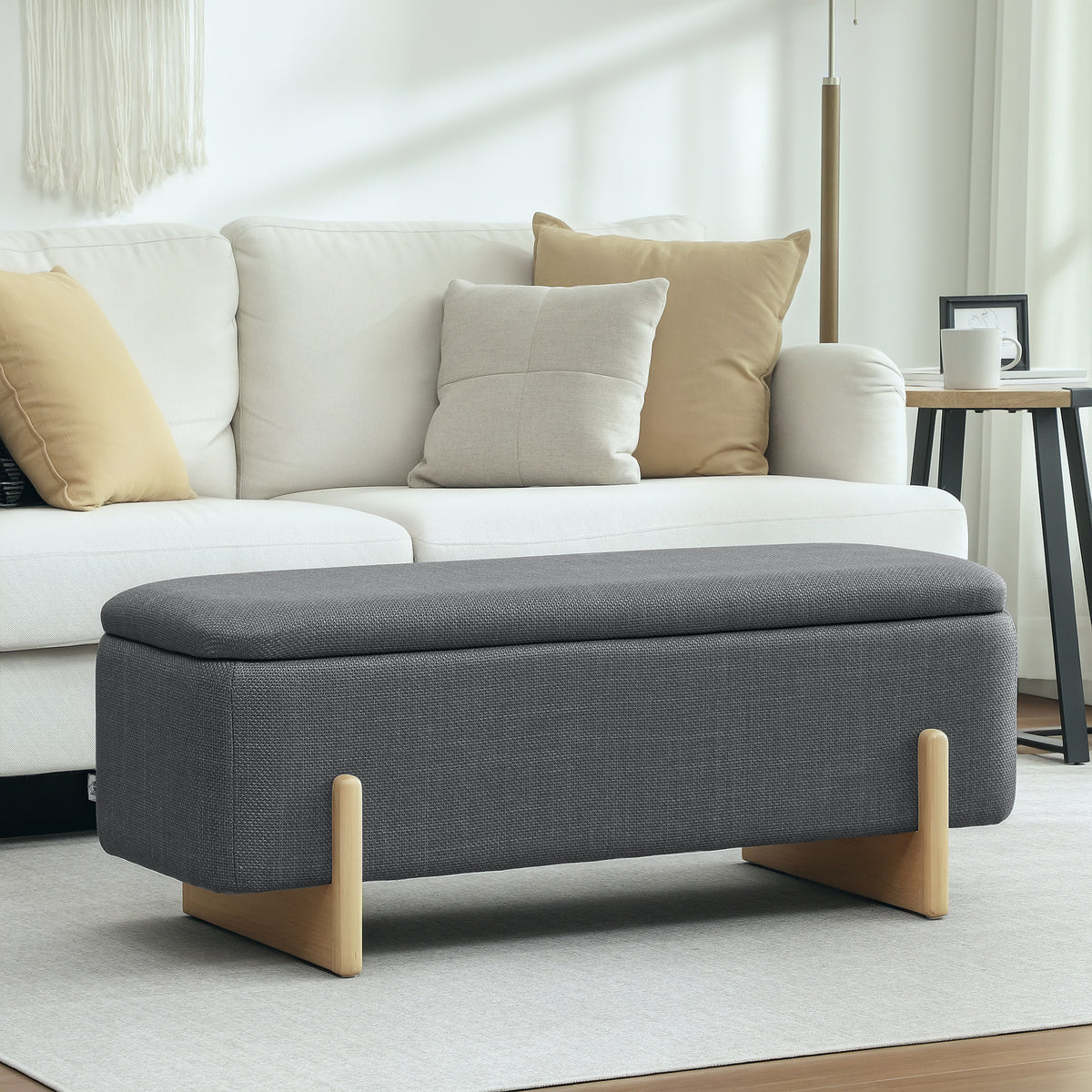 Storage ottoman, bench with foam padding, imitation linen, 111 x 44 x 44.5 cm, dark grey (2)
