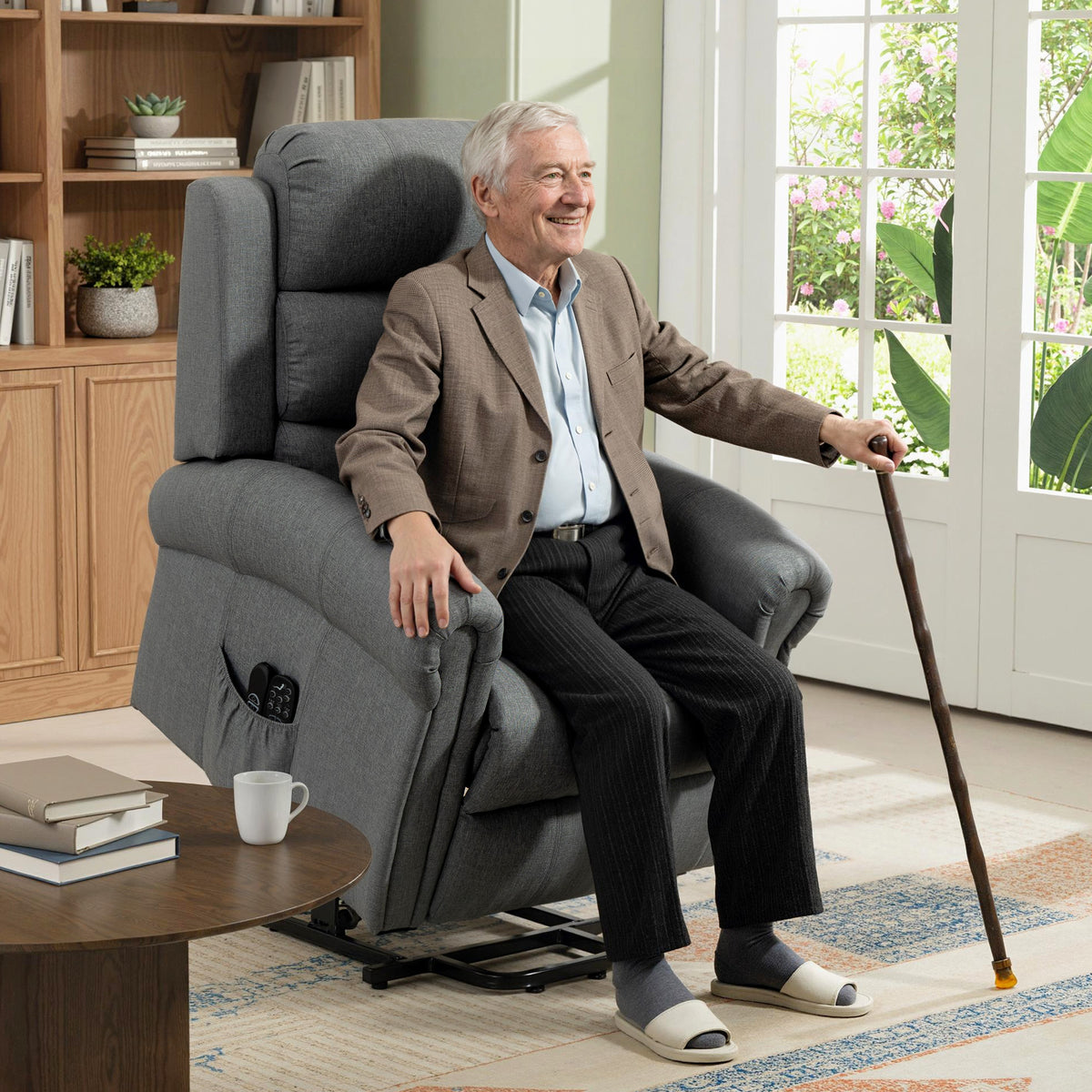 Massage chair with lift assist, recliner, vibration motors, with tilt function, linen look, gray (2)