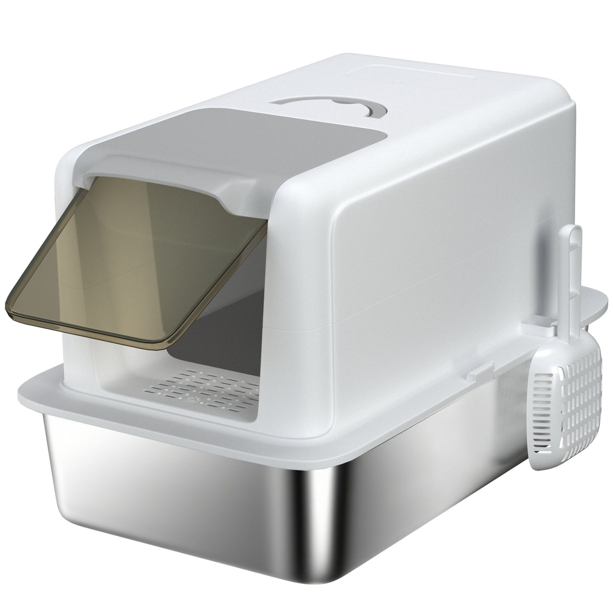 Cat litter box, stainless steel tray, filter, scoop, for cats up to 6 kg, 40.5 x 60.5 x 41.5 cm, white/silver