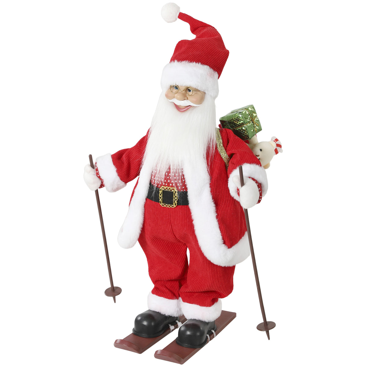 Singing Skiing Santa, 66 cm, animated standing Christmas figure with skis, gift sack, and sound/touch activation