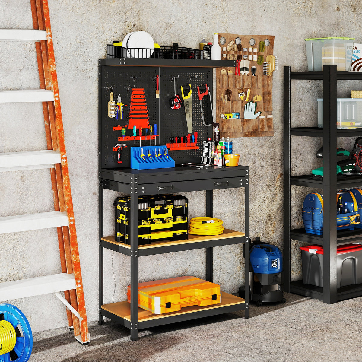 Workbench 80 x 40.5 x 155 cm tool bench with pegboard, hooks, drawer, 2 shelves for workshop black (10)