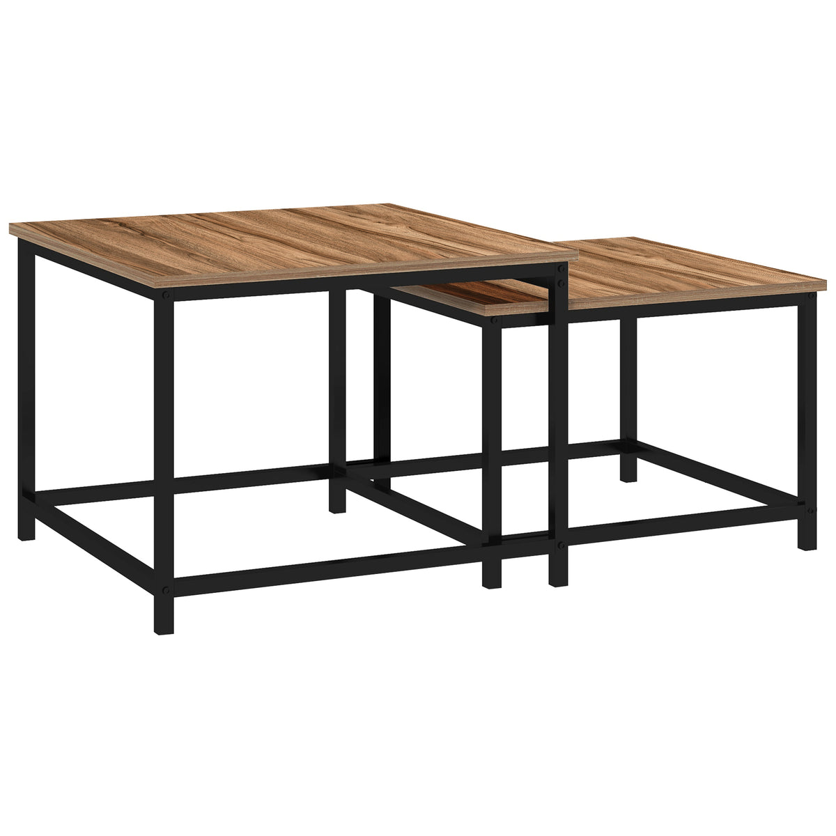 Set of 2 nesting tables, industrial design, black steel frame, wood-look tabletop