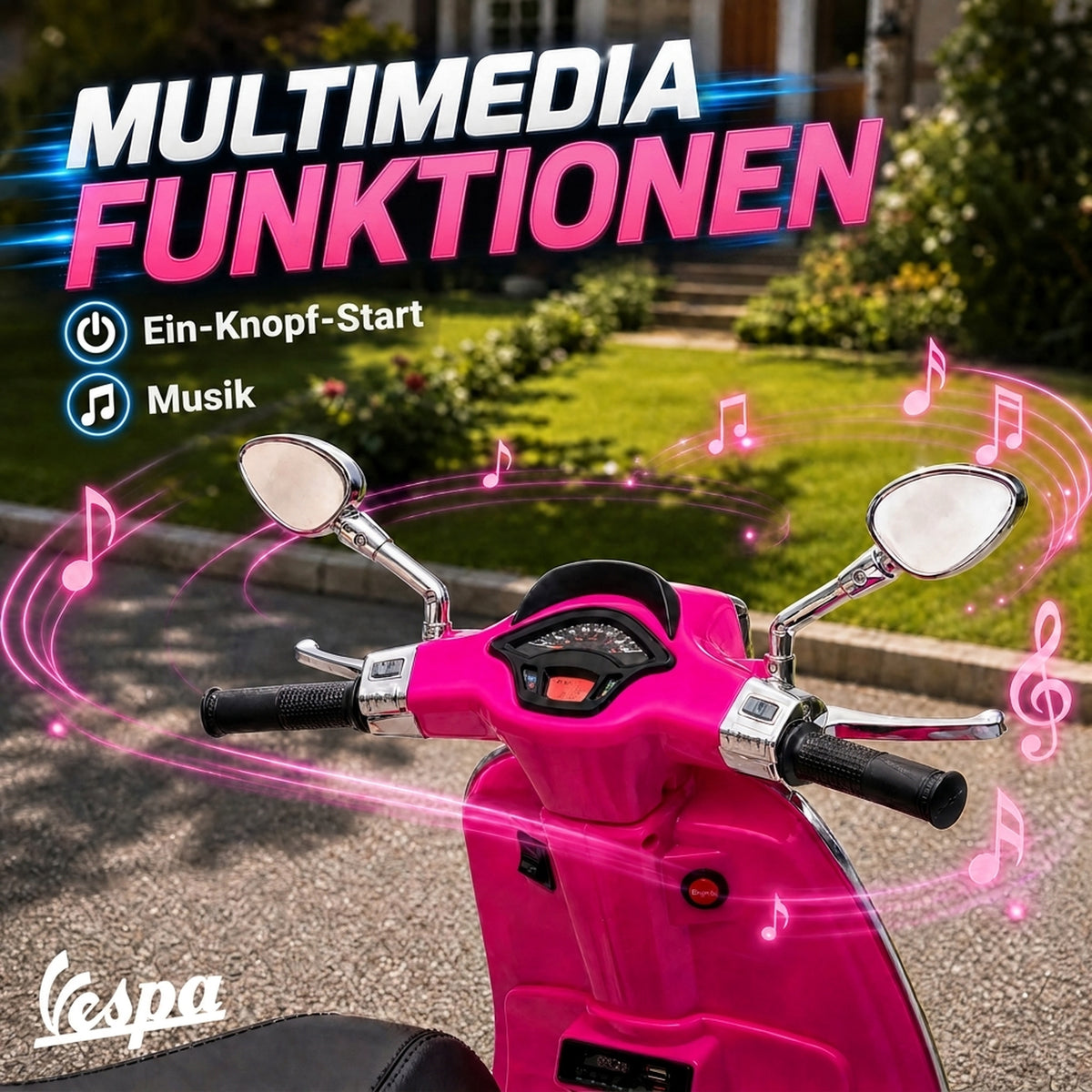 Electric children's motorcycle, Vespa, 3 km/h, 3-6 years, music, light & radio, pink (5)