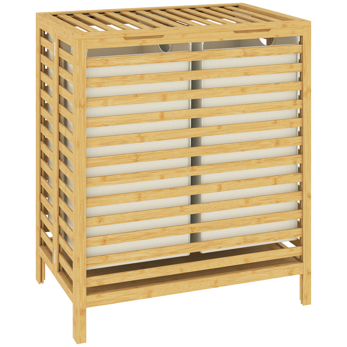 Bamboo laundry hamper with lid, 2 baskets, foldable, 64L, natural and cream white