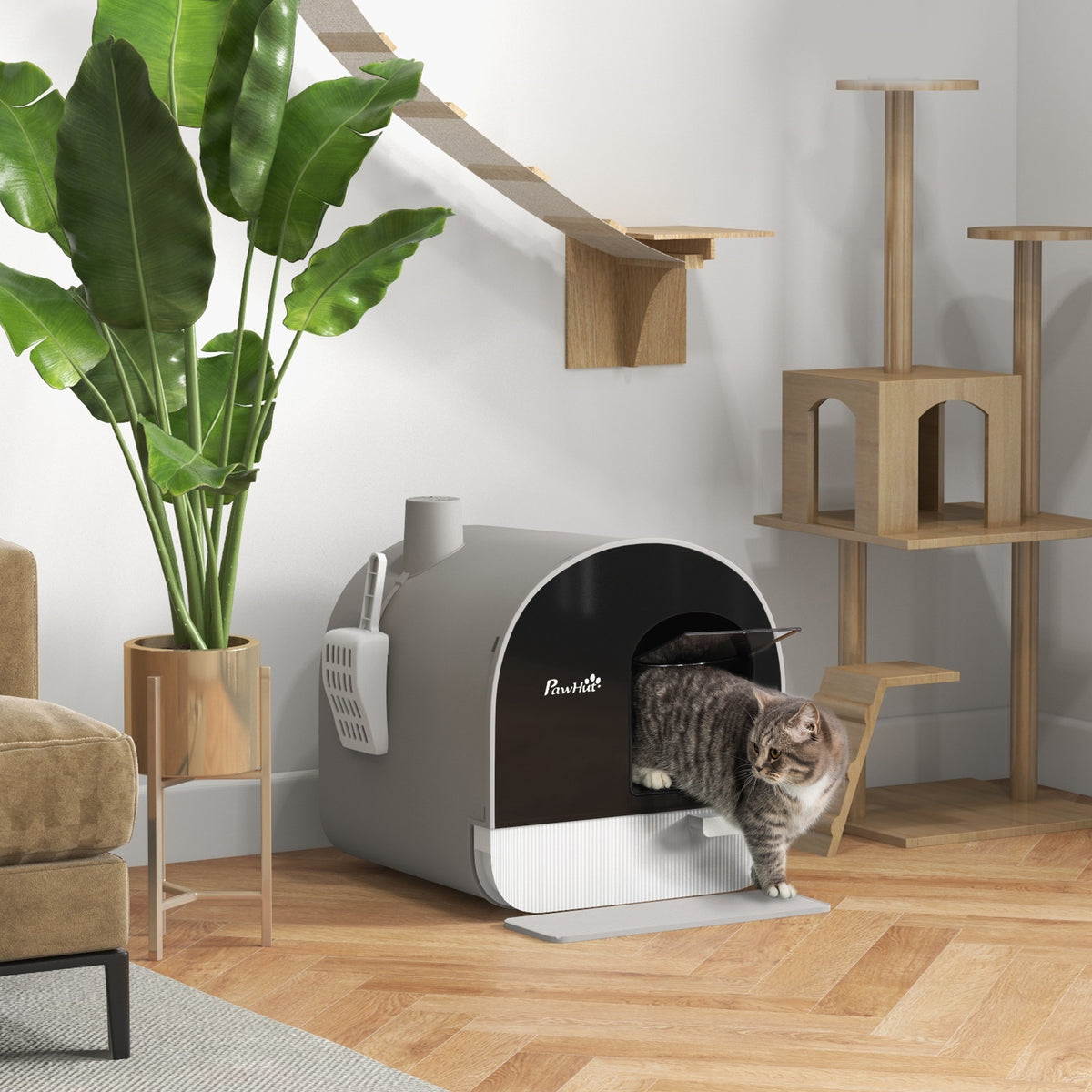 Cat litter box with lid, litter scoop, litter trapping mat, plastic, grey/black (2)