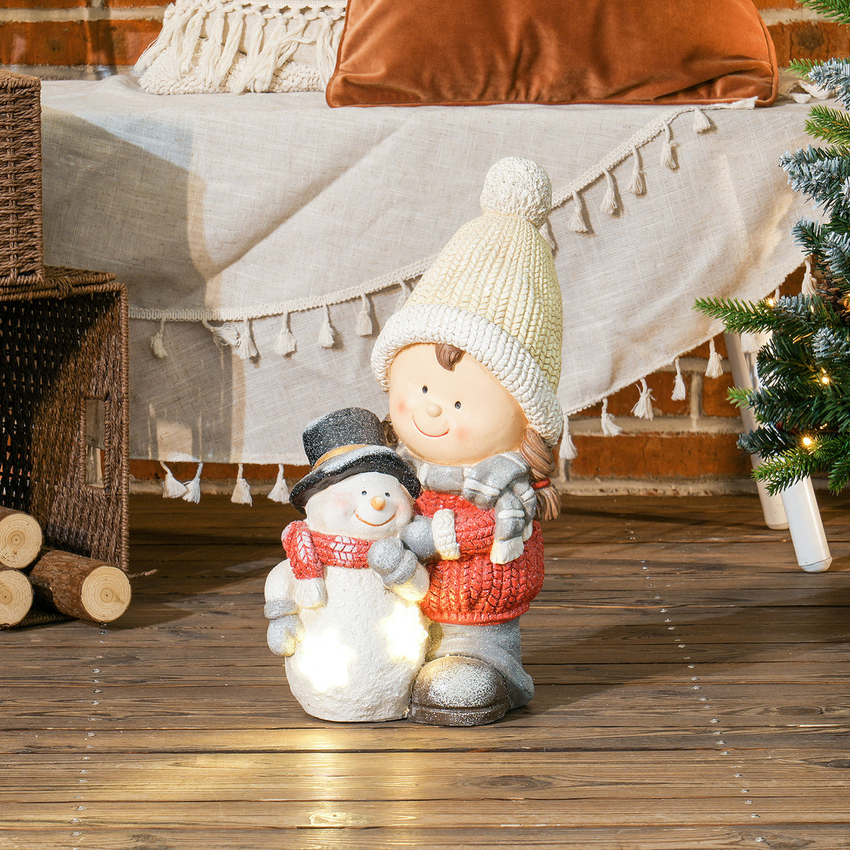 Gnome with snowman, garden gnome, 4 LEDs, battery-operated, 25 x 18 x 45.5 cm (2)