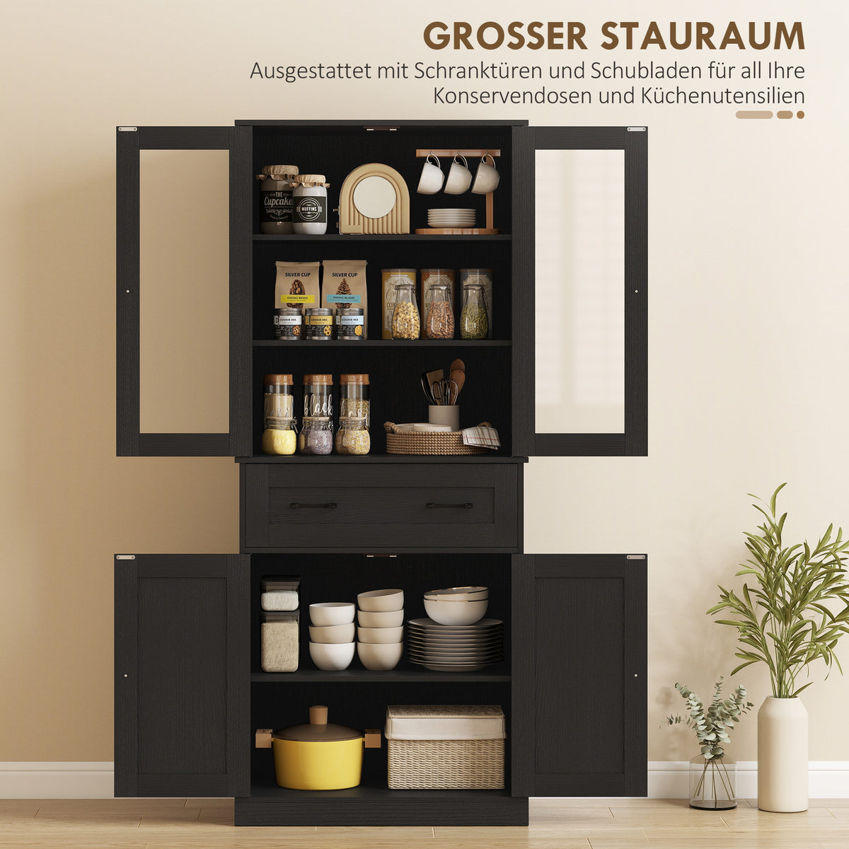 Kitchen cabinet, sideboard, acrylic front, drawers, 76 x 40 x 182.5 cm, black (5)