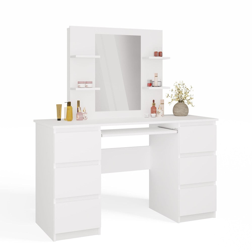 Schminktisch mit Make-up-Spiegel Set MARINA 4P + KUBA Schreibtisch WEISS