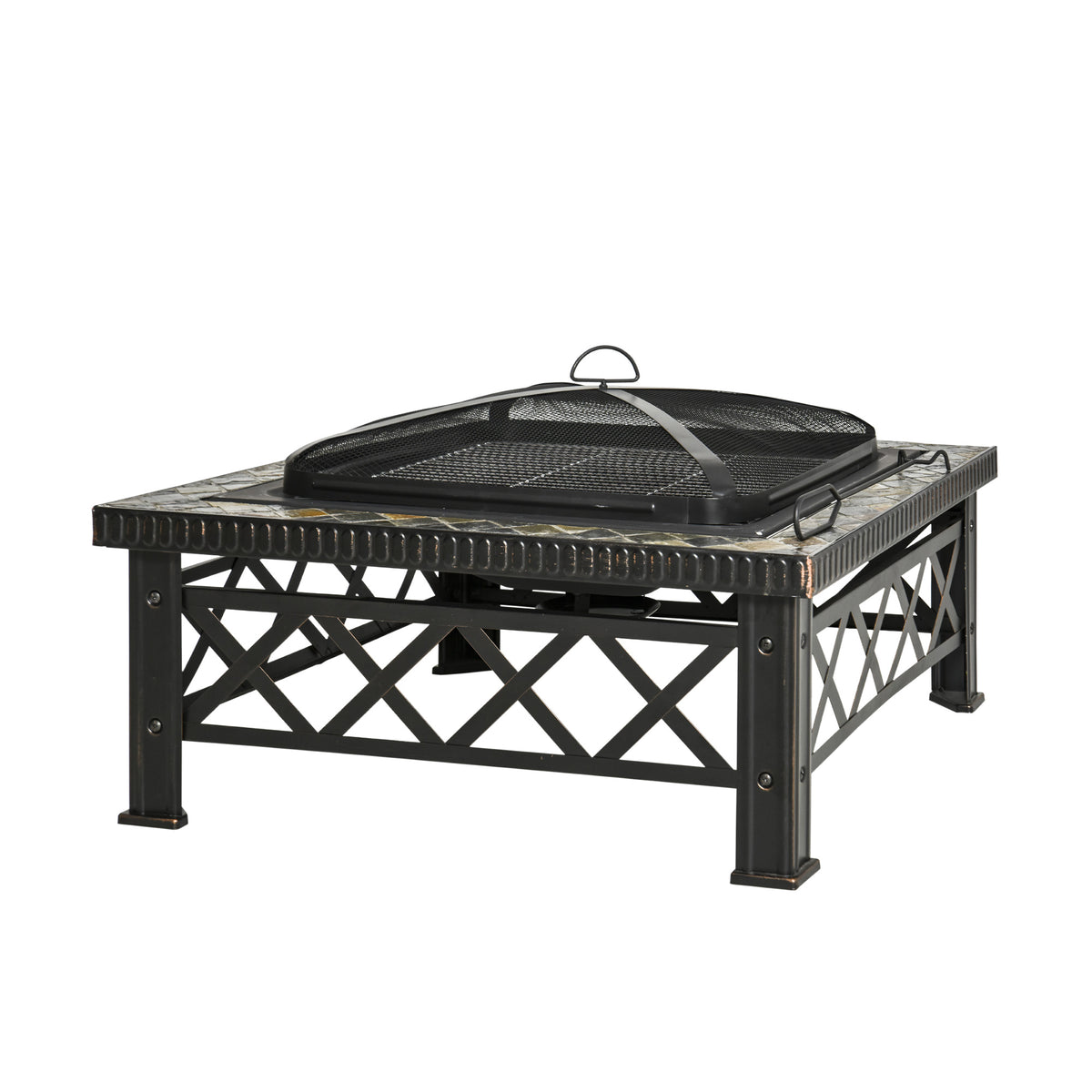3-in-1 Fire Pit Fire Basket Fireplace with Spark Screen Grill Grate Ice Bucket Garden BBQ Black 76cm x 76cm x
