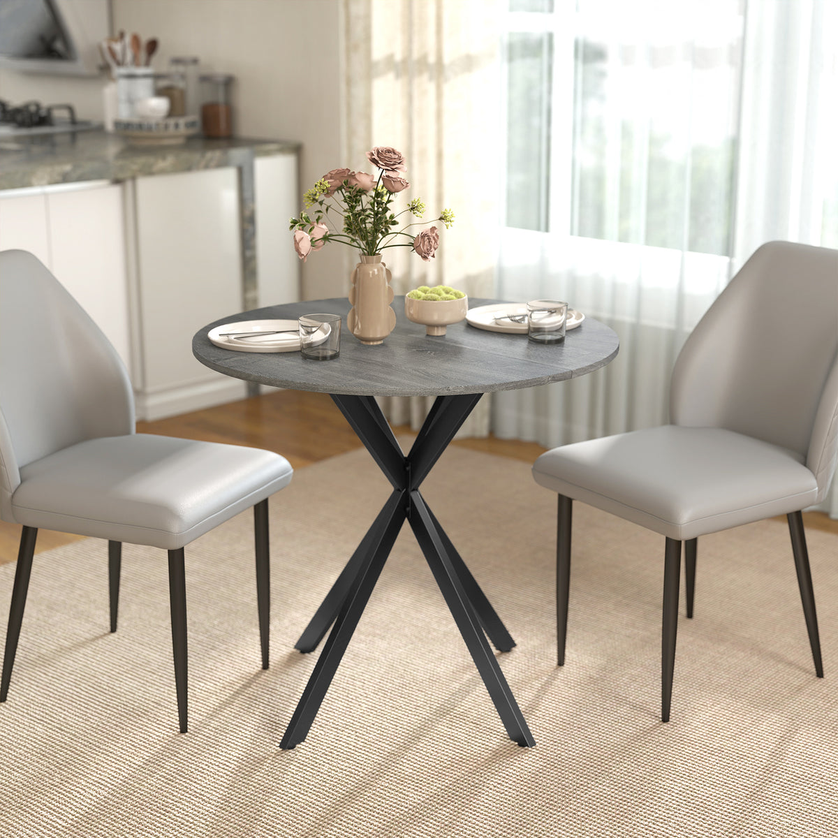 Round kitchen table, 80 cm, compact tabletop, chipboard, metal, grey (2)