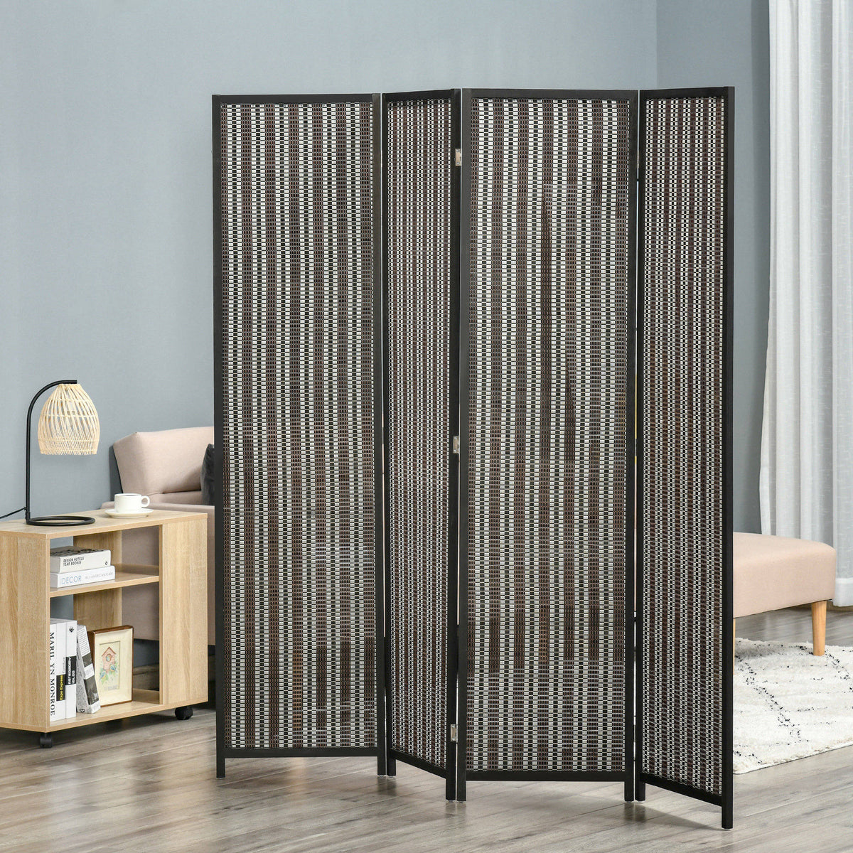Room divider, foldable, pine wood/bamboo, 180 x 180 cm, brown/black (2)