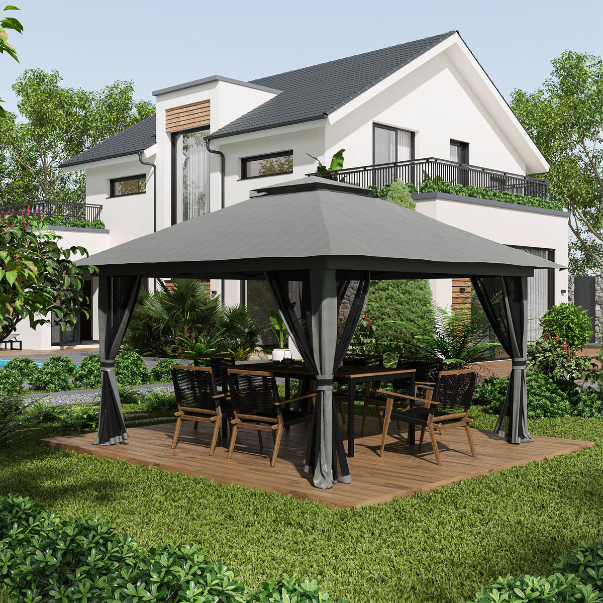 Folding gazebo, height-adjustable, 4 mesh sidewalls, roof vent, carrying bag, quick setup, dark gray, 4 x 4 x 3 (2)