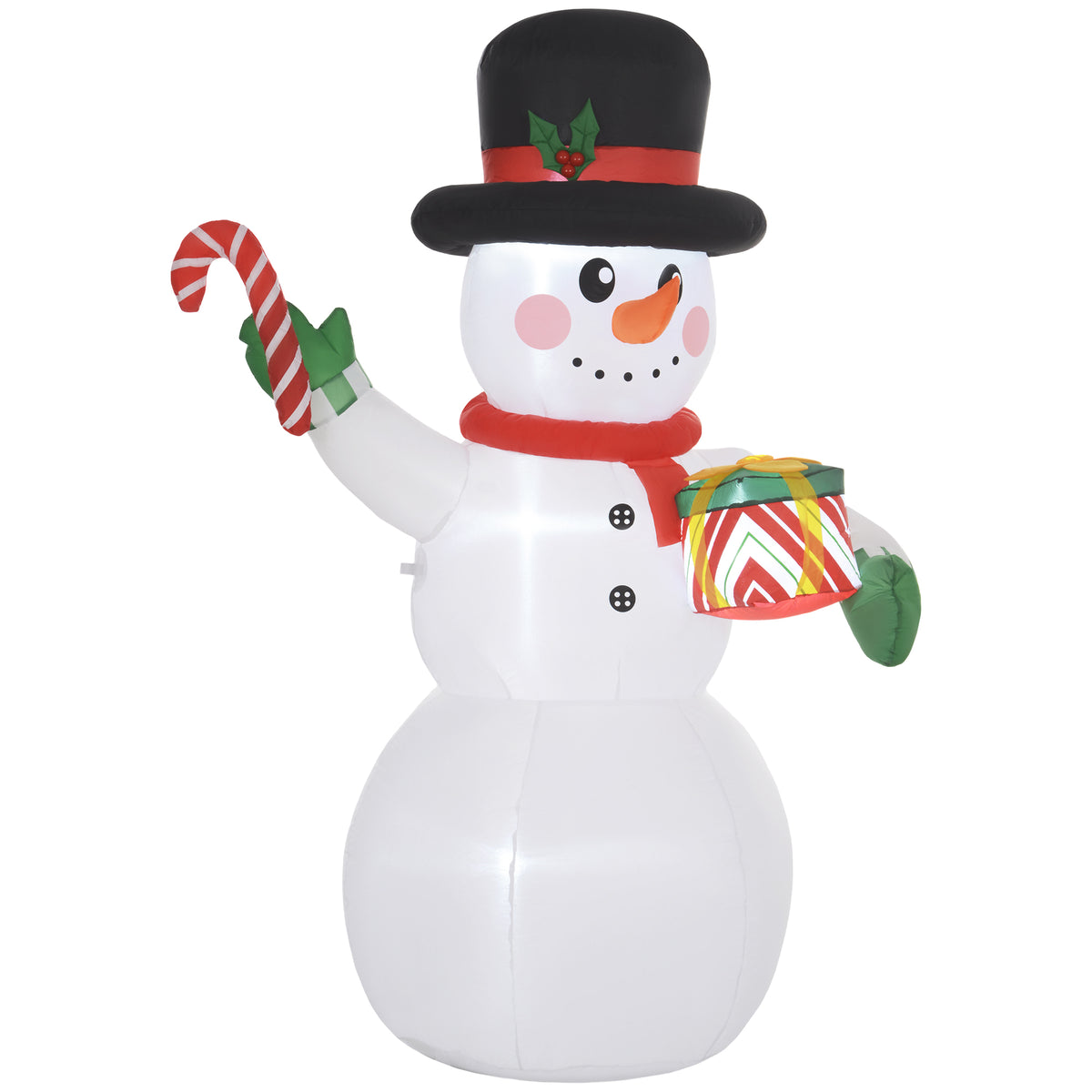 1.80 m snowman with candy cane & gift, self-inflatable, LEDs, weatherproof