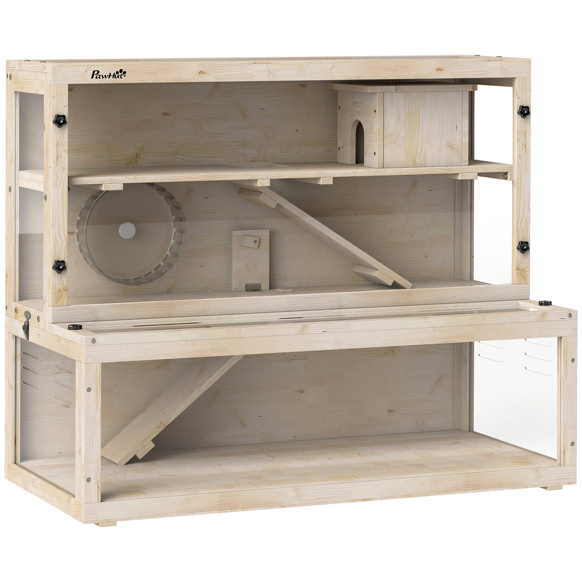 Hamster cage, 3 levels, hut, accessories, 100 x 50 x 84 cm, for several small animals, wood, plastic