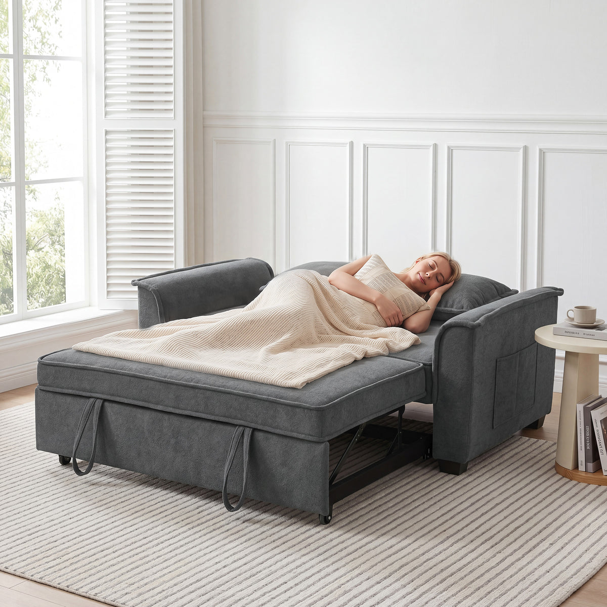 Futon sofa bed, adjustable backrest, 2-seater with 2 cushions, dark grey (9)