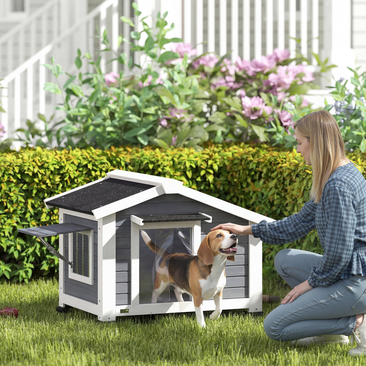 Dog kennel weatherproof wooden dog house with removable floor, asphalt roof and opening window 98x76x69.5 cm (2)