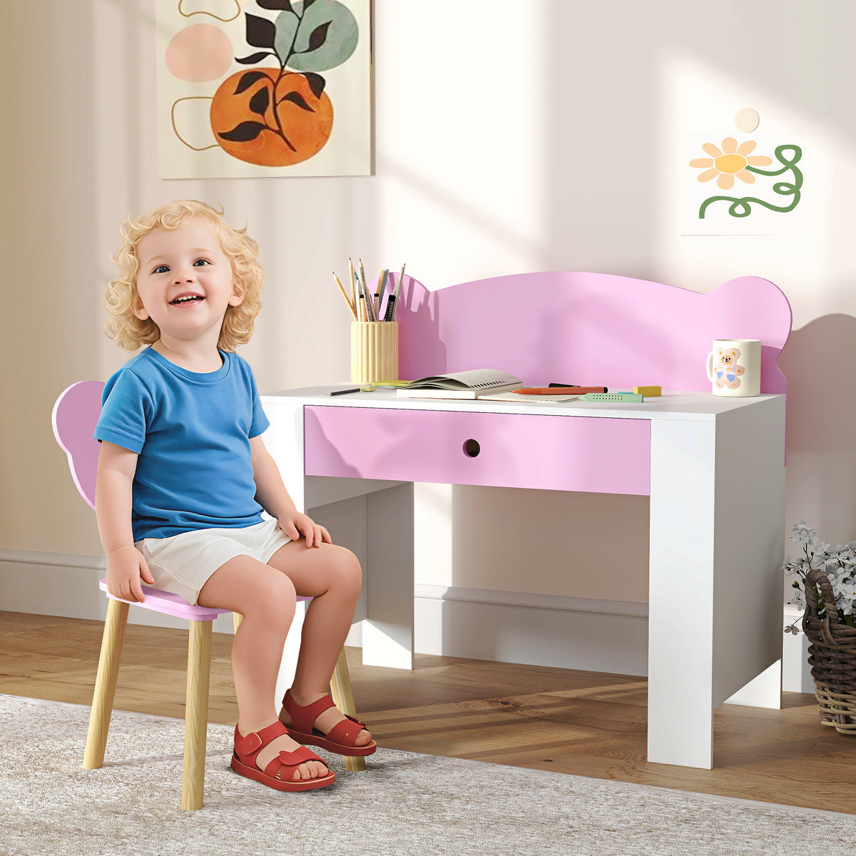 Desk set for children, desk and chair with bear design, drawer, for writing and crafting, 3-8 years, pink (2)