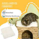 Cat cave made of water hyacinth grass, 2 lying areas, 2 washable cushions, natural + white (6)