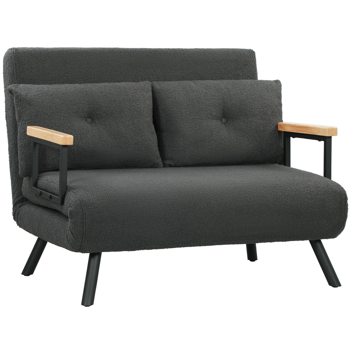 Sofa bed, 2-seater sofa with sleeping function, incl. 2 cushions, sherpa look, natural + dark grey + black