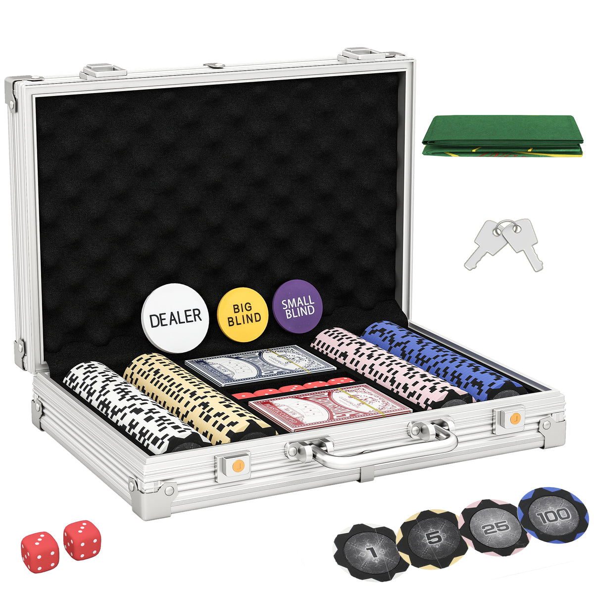 Poker chip set in case, with dice, dealer button, 2 decks of cards, silver-colored