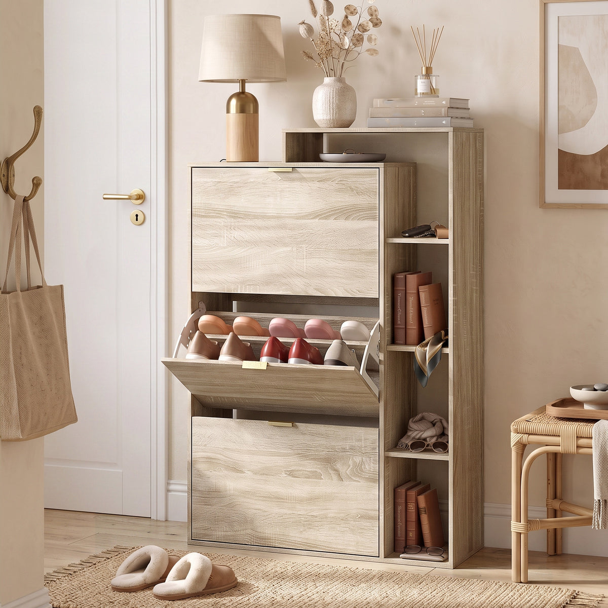 Shoe cabinet with adjustable dividers, open compartments, and 3 tilt-out compartments, natural (2)