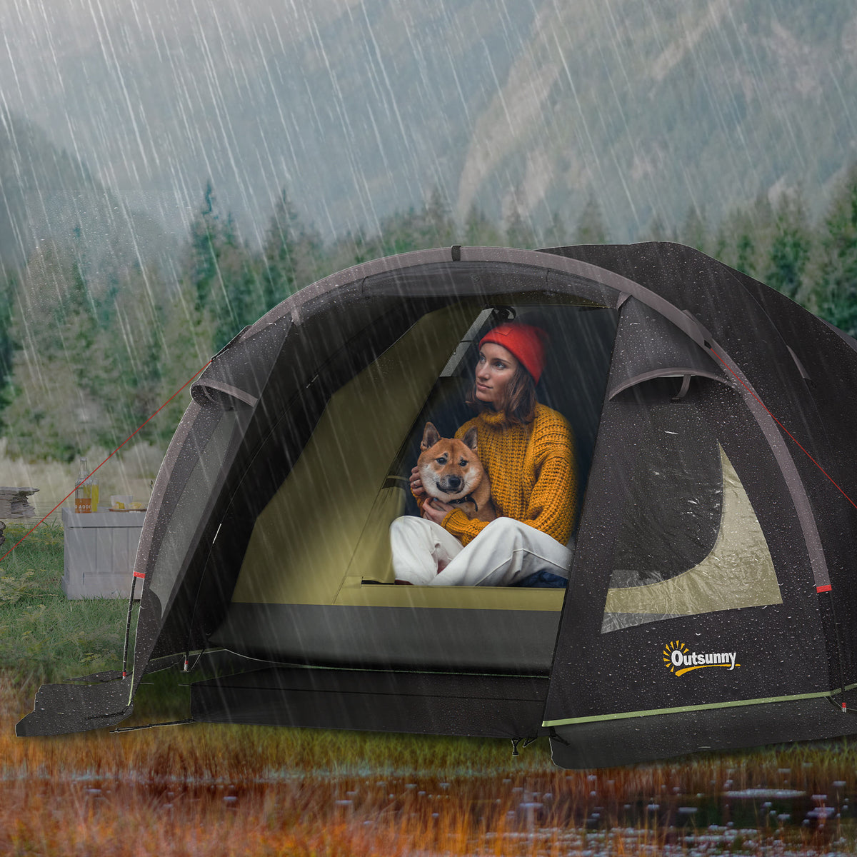 Lightweight 2-person camping tent, stable UV 50+ tunnel tent with canopy, side door & window, black (2)