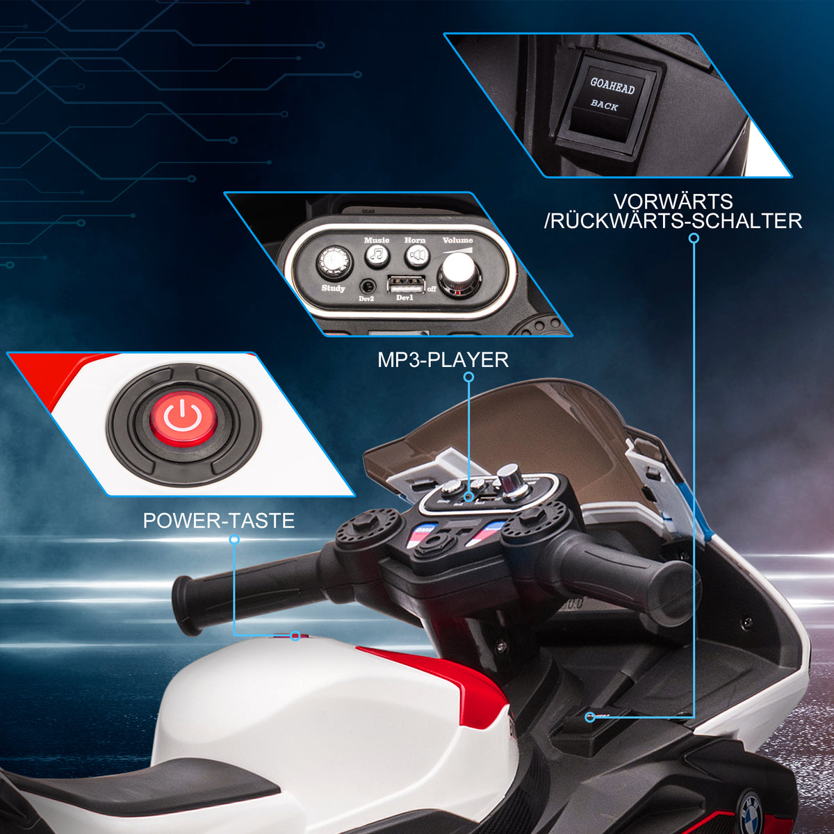 Children's motorcycle, electric motorcycle, headlights, 3 music modes, for children 1.5-5 years old, red, 82.5 x (6)
