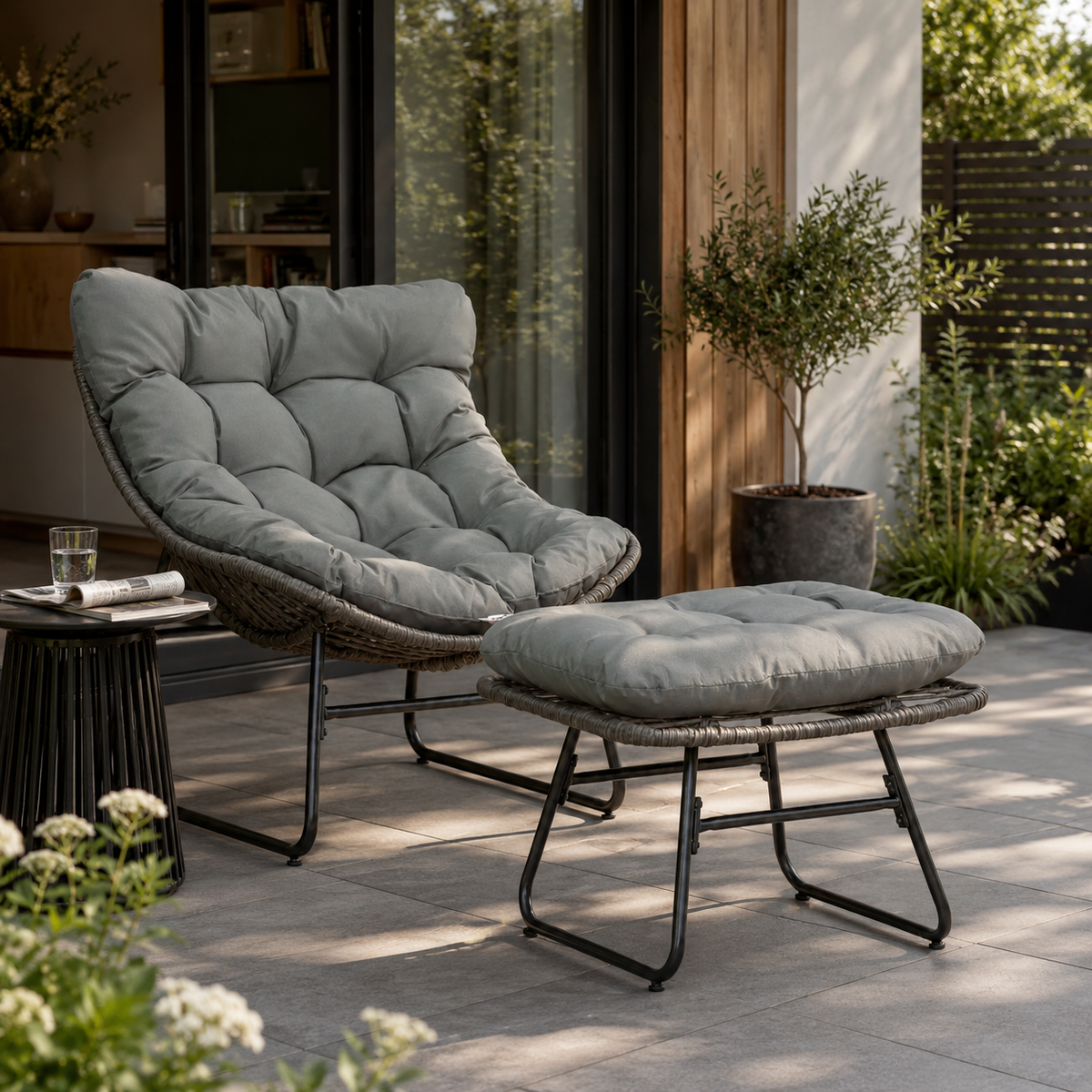 Rattan relax chair with footstool, garden chair with thick cushions outdoor rattan chair garden chair for garden (2)