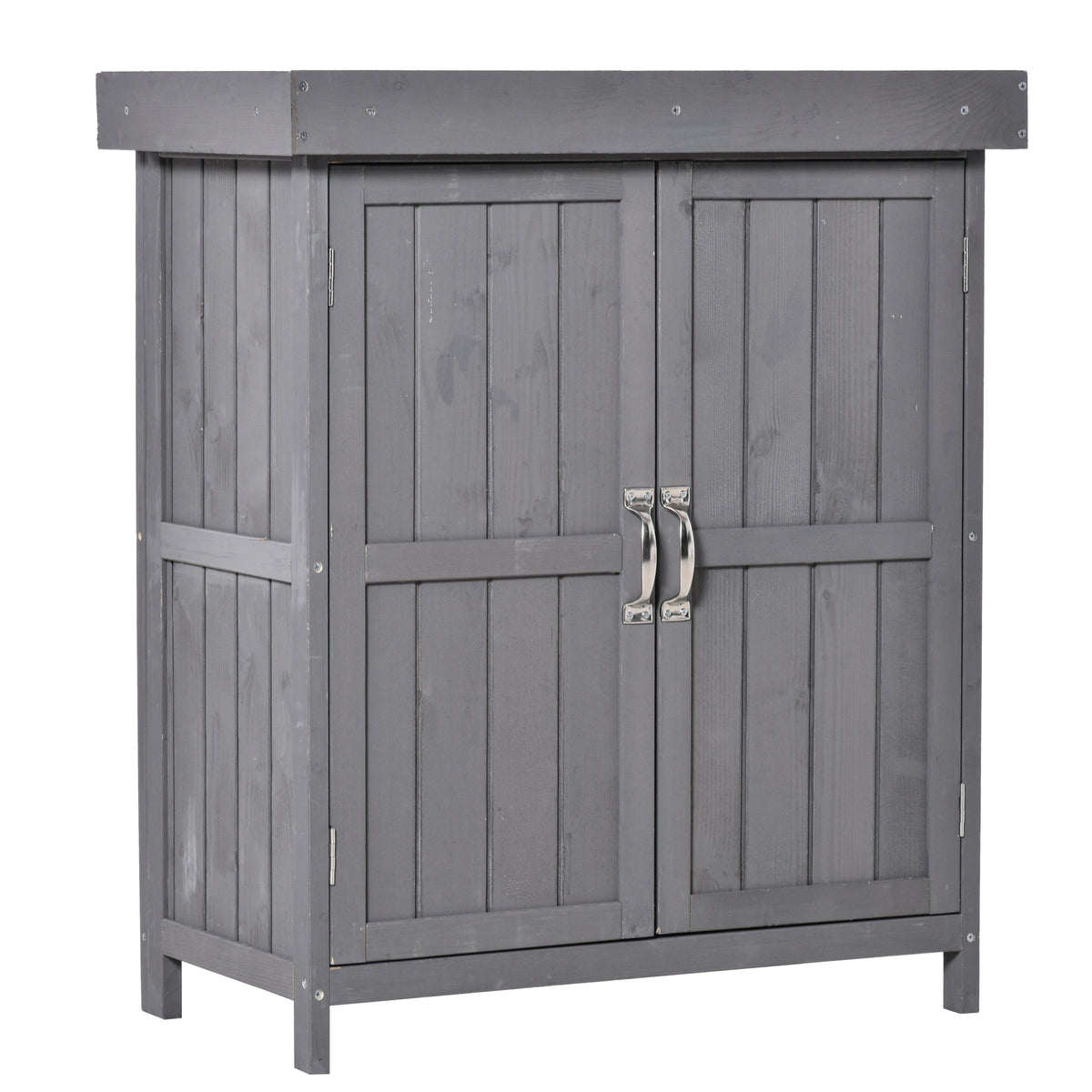 Equipment cabinet, double door, hinged lid, 2 shelves, weatherproof, natural wood, grey, 74 x 43 x 88cm