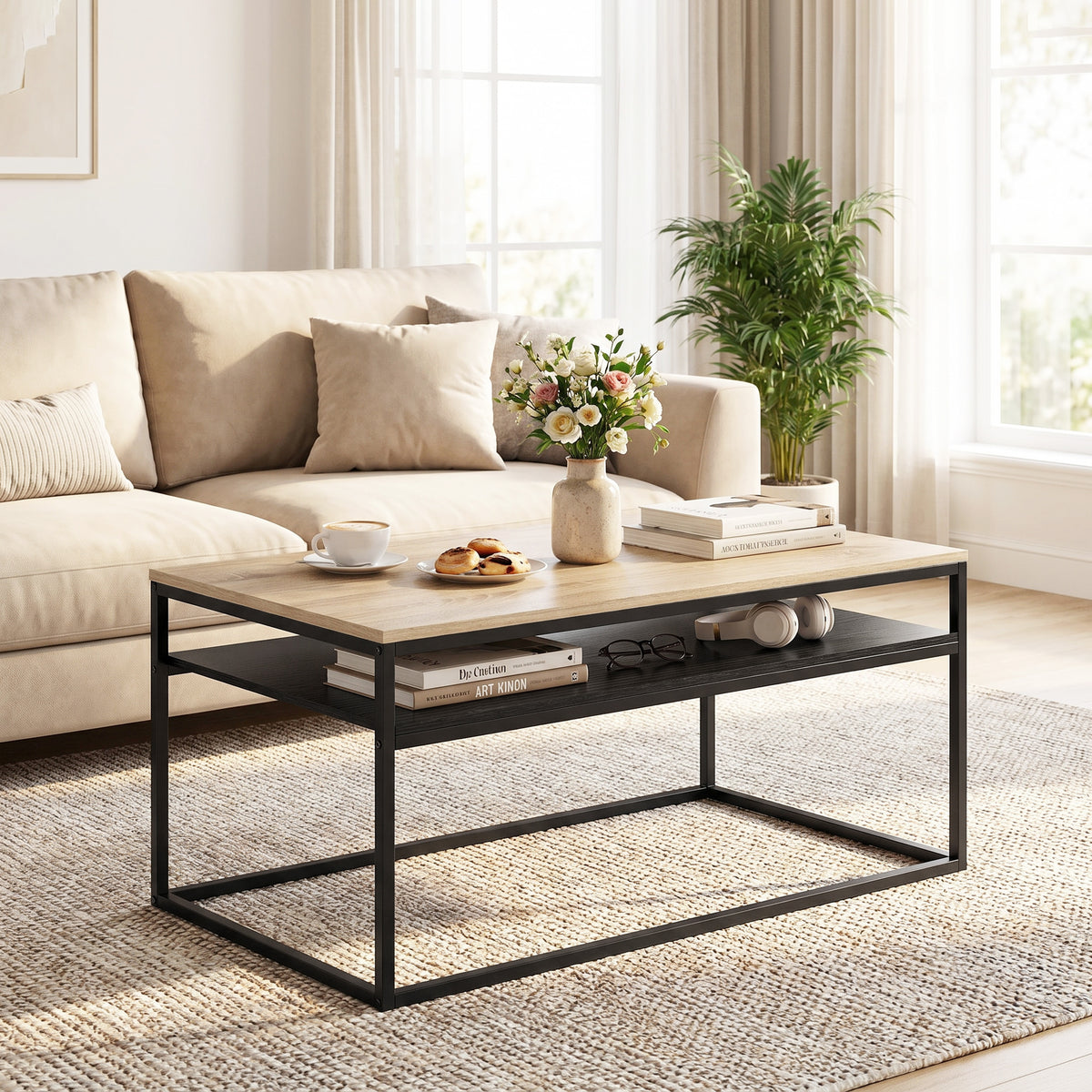 Coffee table with storage shelf, modern industrial style, living room table for living room, bedroom, 100 x 59.8 (2)