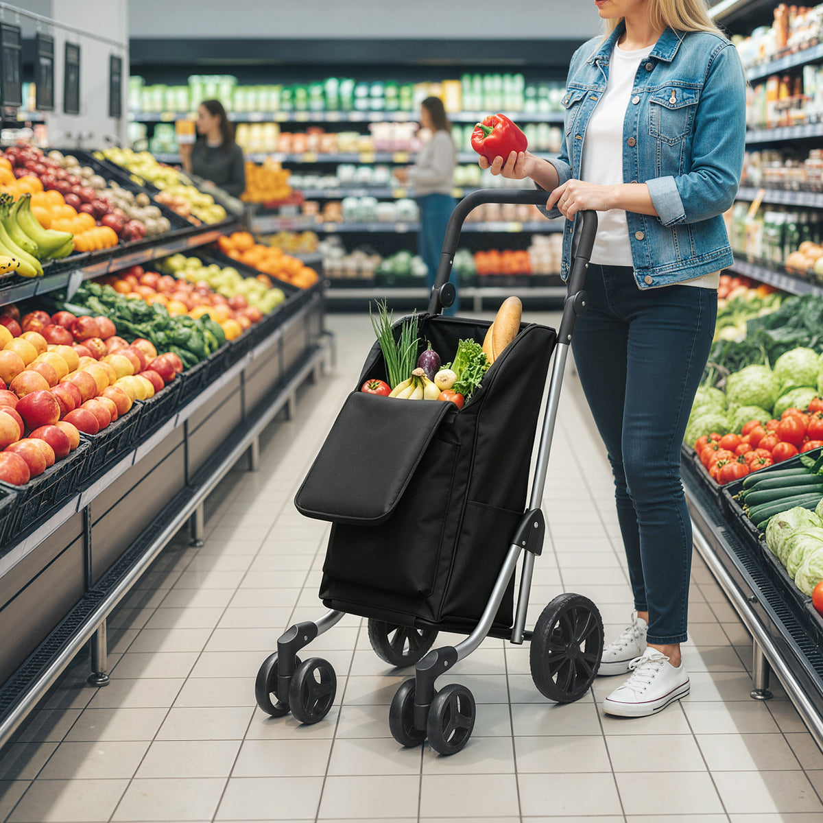 Shopping trolley, 46-liter bag, foldable shopping cart with cooler bag, adjustable handle, aluminum frame, black (2)