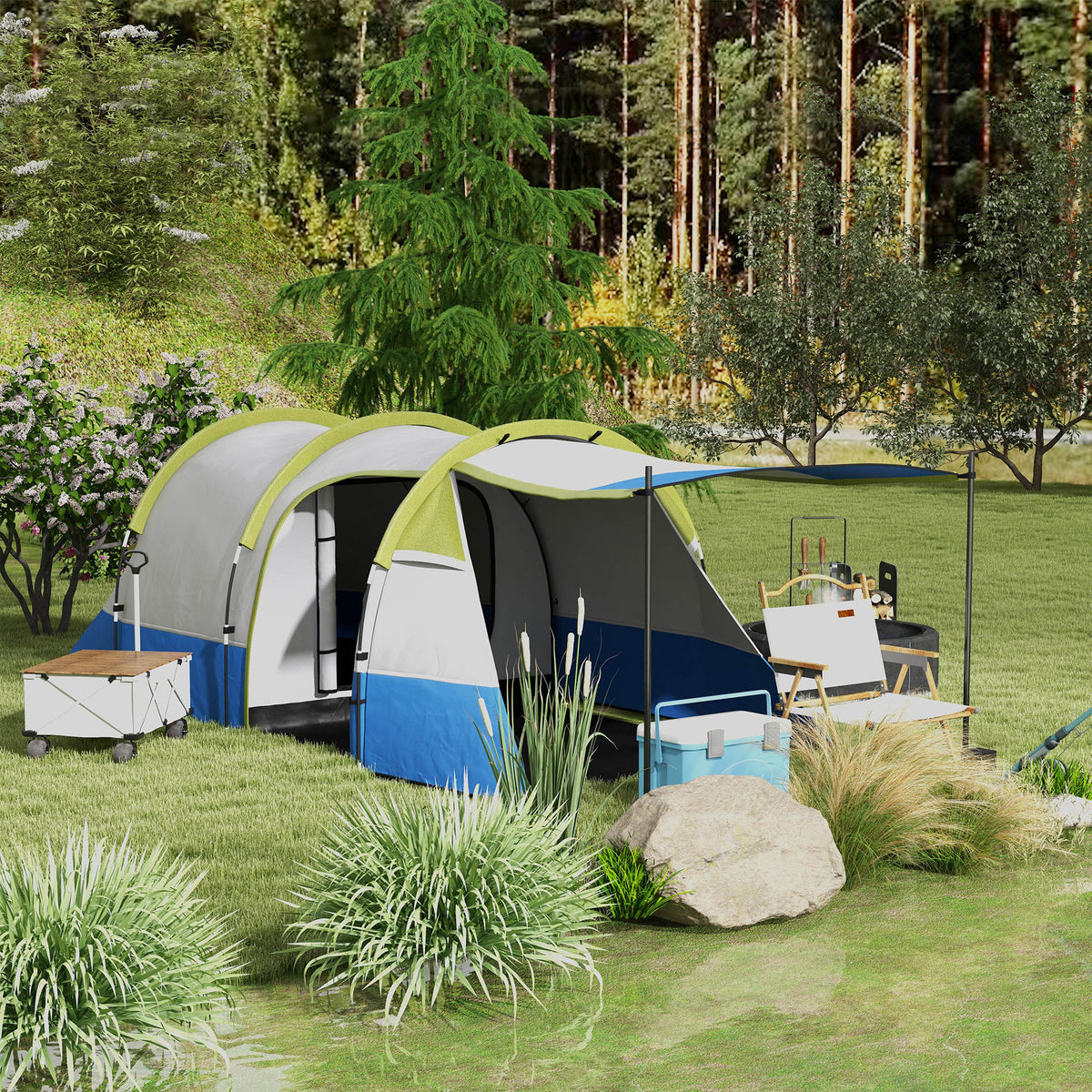 Camping tent, for 2 people, lantern hook, three entrances, waterproof, green (2)