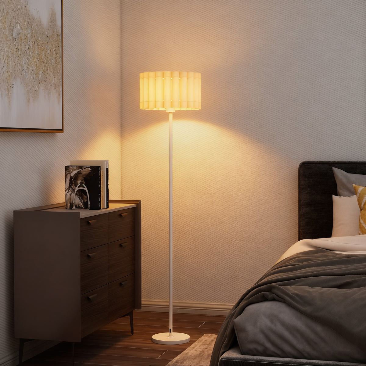 Retro-style floor lamp, plastic lampshade, foot switch, metal rod, white (2)