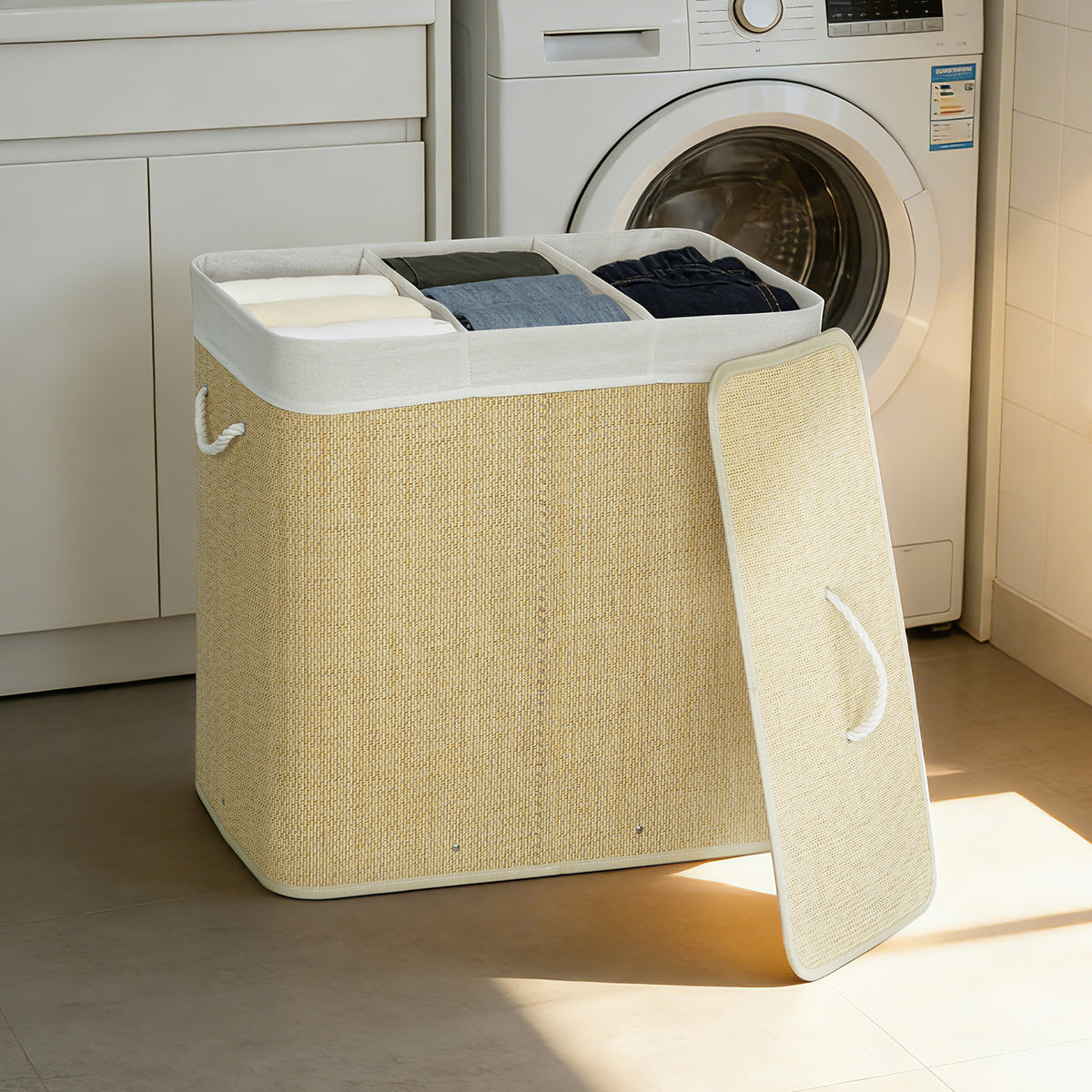 Bamboo laundry hamper with lid, 3 compartments, 144L laundry sorter with rope handles, removable laundry bag (2)