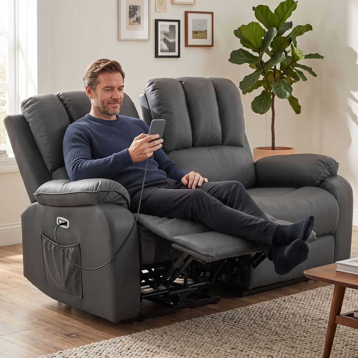 2-seater electric reclining sofa in leathaire with massage and heating function, 2 remote controls, USB/USB-C (2)