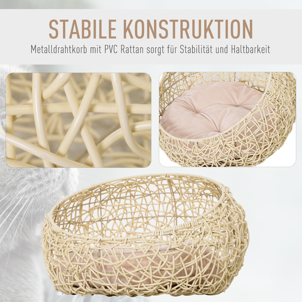 Rattan cat cave cat bed cat house with cushion cat tent pet house for cats dogs beige Ø56 x 35 cm (5)