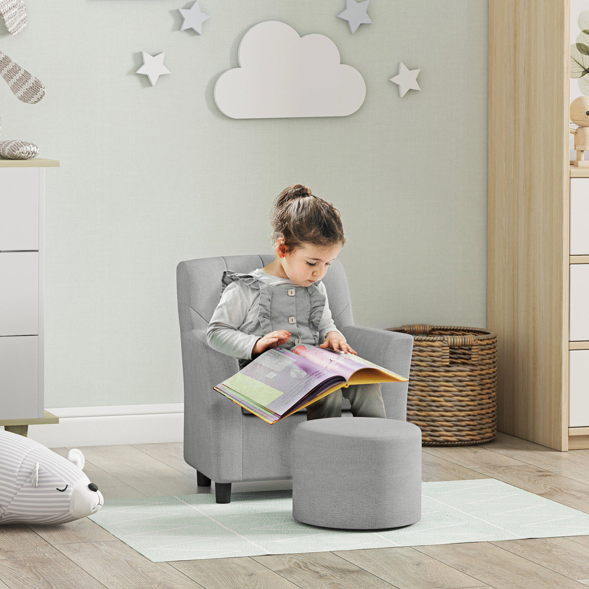 Children's armchair with footstool, diamond pattern backrest, soft seat, wooden frame, grey (2)
