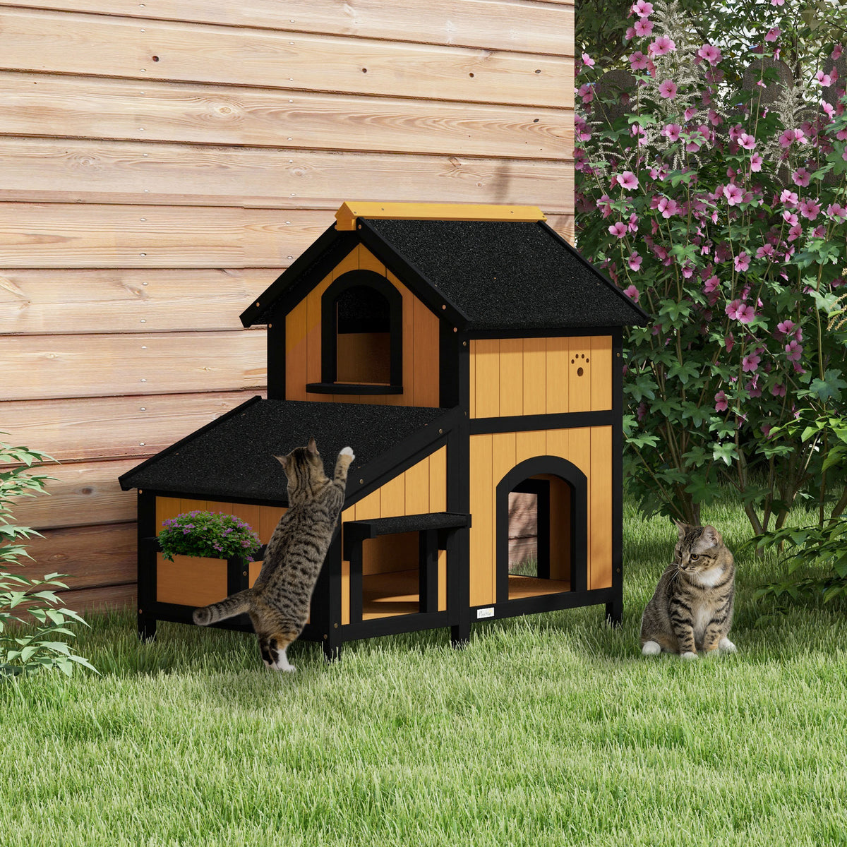 Cat house cat hut cat cave, incl. planter box, 96 cm x 65 cm x 85.5 cm, yellow + white + black (2)