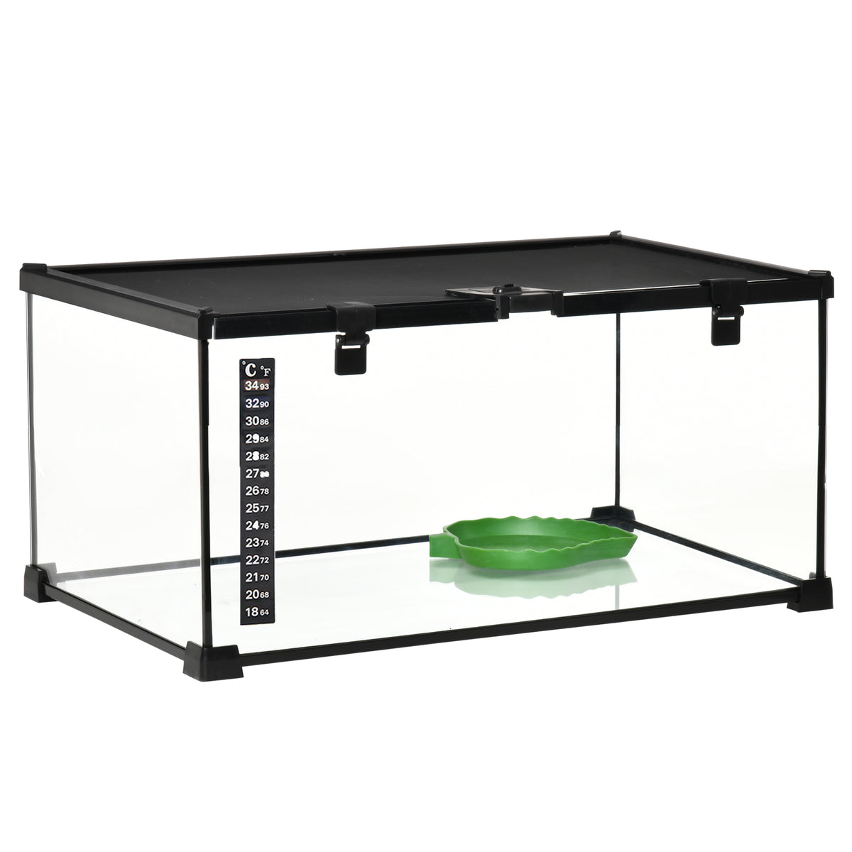 Reptile box terrarium, incl. strip thermometer, feeding flaps, 50 cm x 30 cm x 25 cm, glass + metal, black