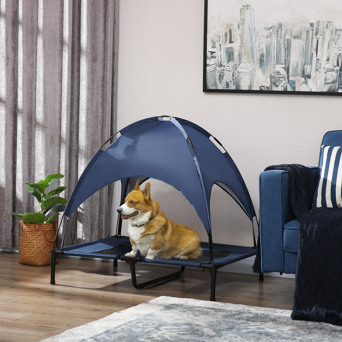 Dog bed with canopy, outdoor dog bed, foldable, elevated, blue + black (2)