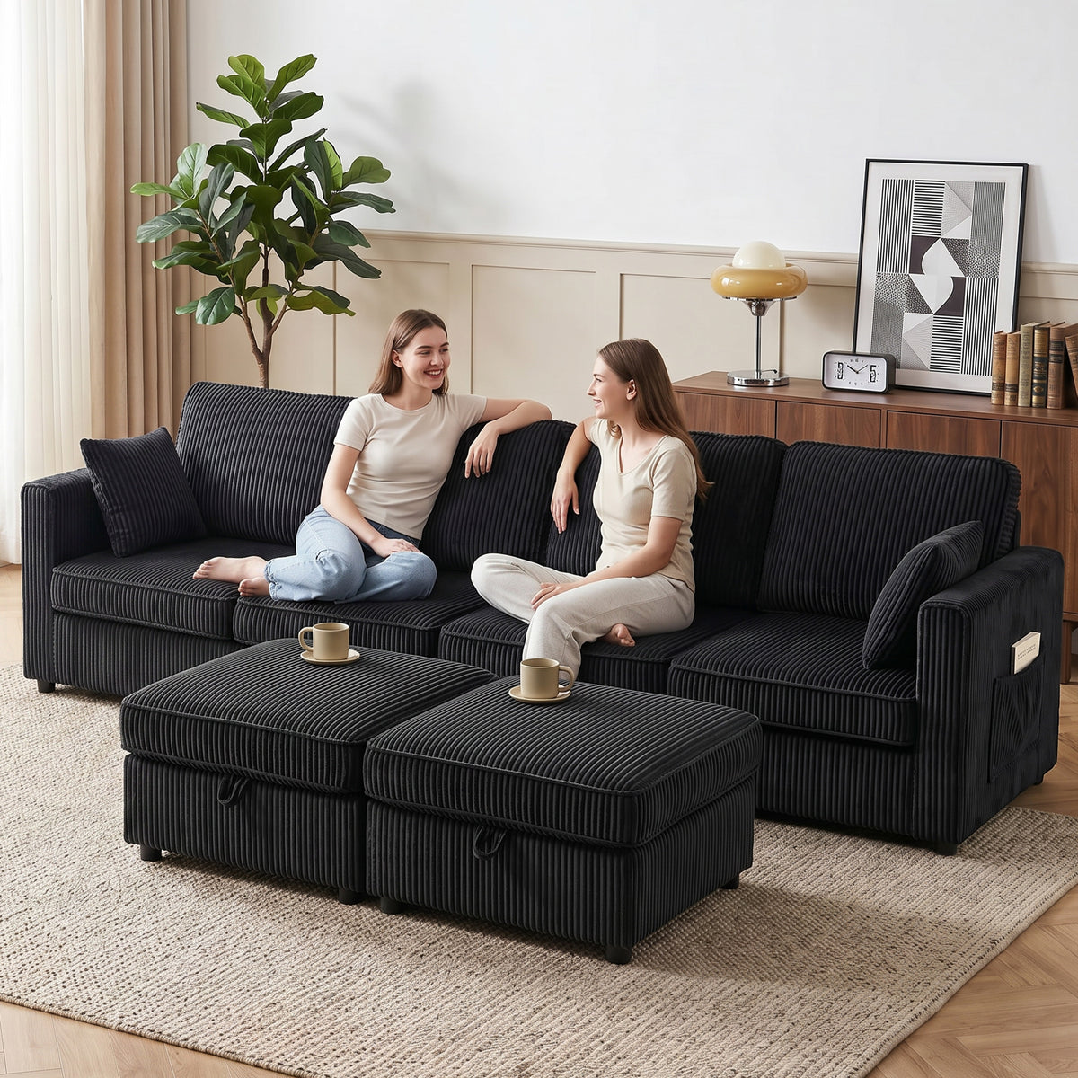 4-seater U-shaped corner sofa with storage ottoman, 306 cm corner couch in corduroy look, 4 cushions, for living (9)