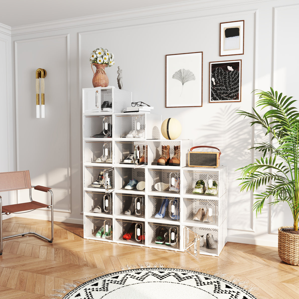 8-piece shoe rack, stackable shoe boxes for shoes up to size 11.5, magnetic doors, plastic, 28 x 36 x 21 cm (2)