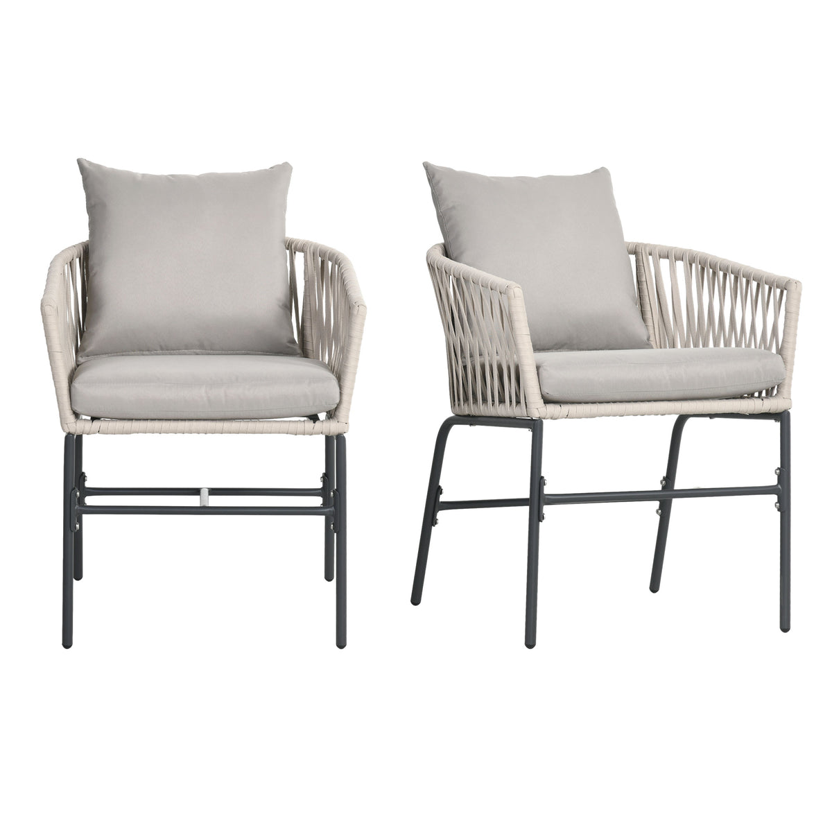 Set of 2 patio chairs, boho style, comfortable seat shell, seat cushions, washable cover, metal frame, beige