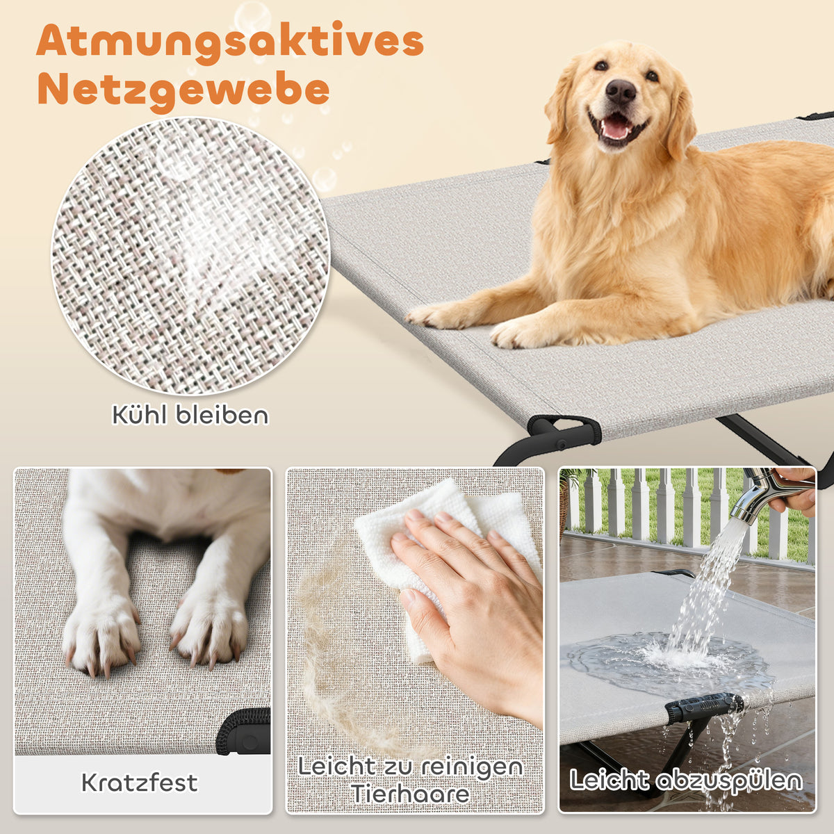 Outdoor Dog Cot, Elevated Dog Bed for Large Dogs, with Steel Frame, Breathable Mesh Fabric, 152x94x23 cm, Beige (5)