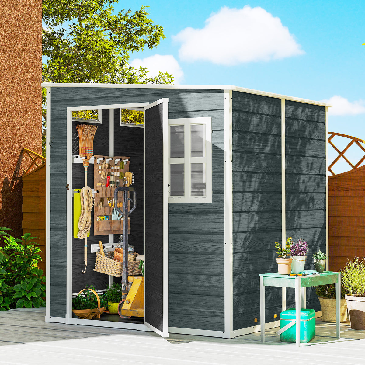 Tool shed 2.89 m² garden shed with wood look, 3 windows, ventilation, floor, lock, gloves, 182 x 182 x 196 cm (2)