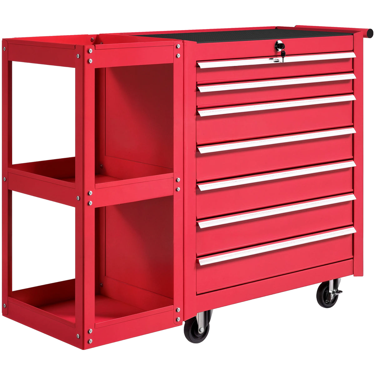 Workshop trolley tool cart with 7 drawers, detachable side shelf, 4 casters with parking brake, 96x33.5x75cm
