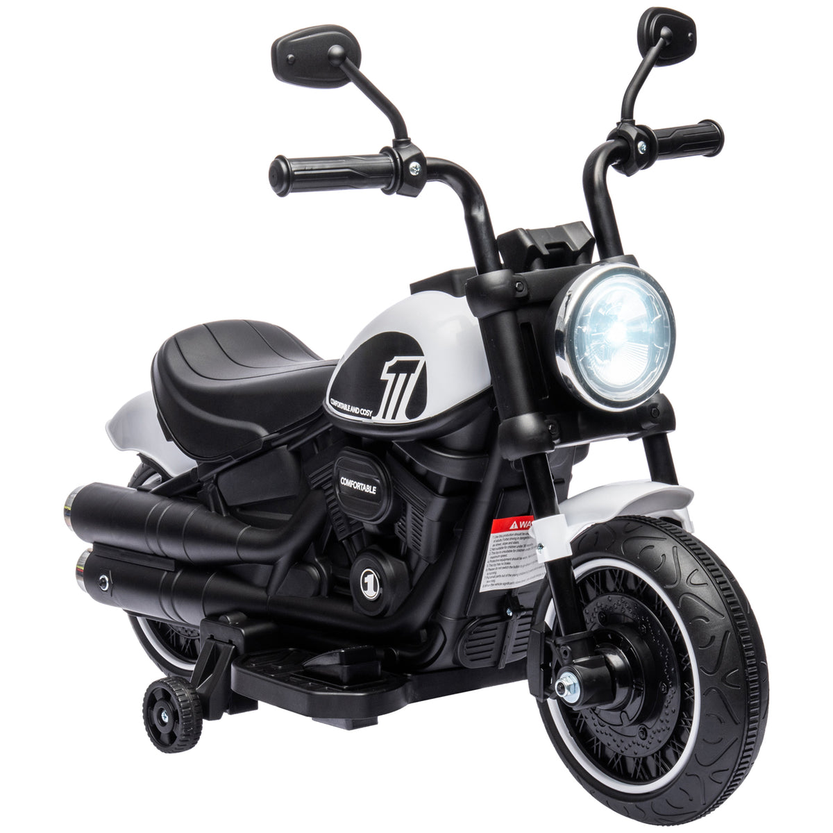Electric kids' motorcycle, LED headlights, detachable training wheels, comfortable seat, red/black