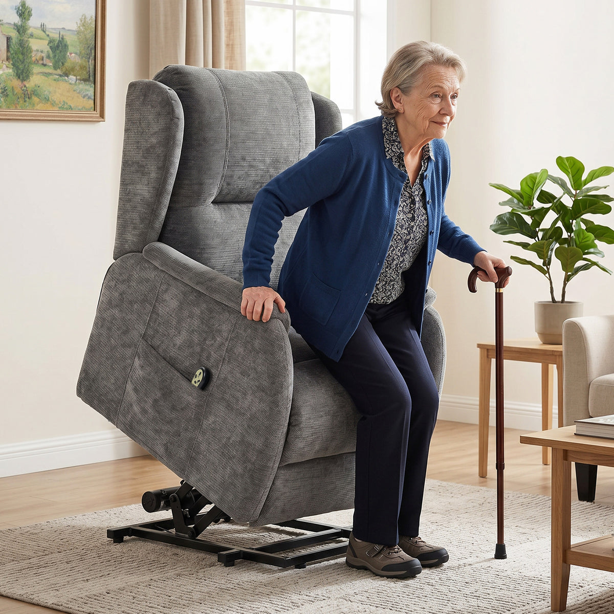 Recliner armchair with lift assist for seniors, chenille look, with remote control and side pockets, dark gray (2)