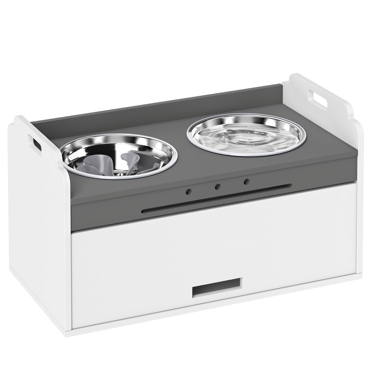 Elevated dog bowl feeder with storage cabinet, 2 bowls with anti-slip rings, 60 x 30 x 35.5 cm, white