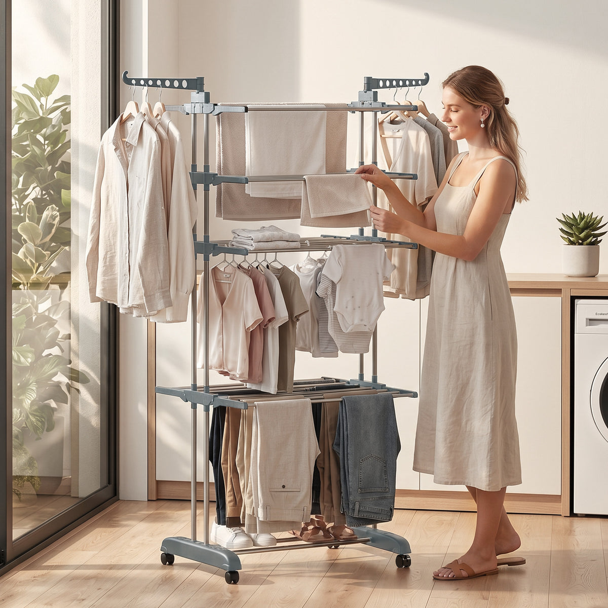 Foldable 5-tier laundry drying rack, on wheels, side wings, grey (2)